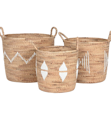 Set of three DKD Home Decor wicker baskets with natural seagrass and jute handles for home organization and storage.