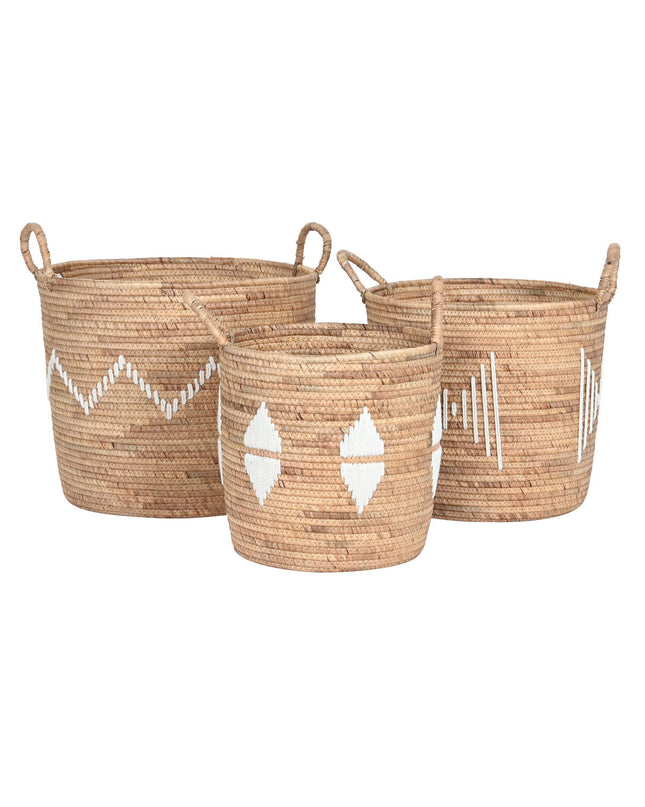 Set of three DKD Home Decor wicker baskets with natural seagrass and jute handles for home organization and storage.
