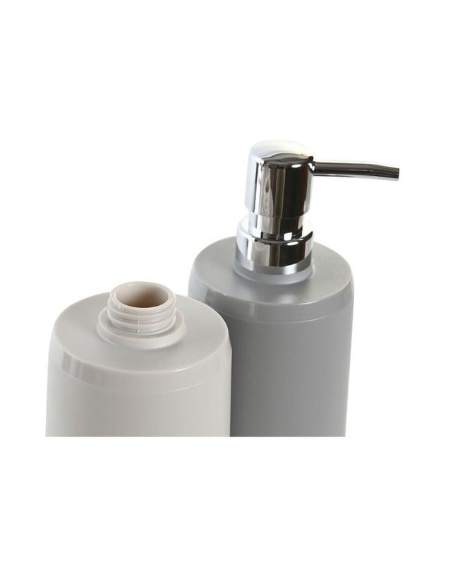 Two beige and gray DKD Home Decor soap dispensers made of polyresin, measuring 8x8x18 cm, suitable for bathroom decor.