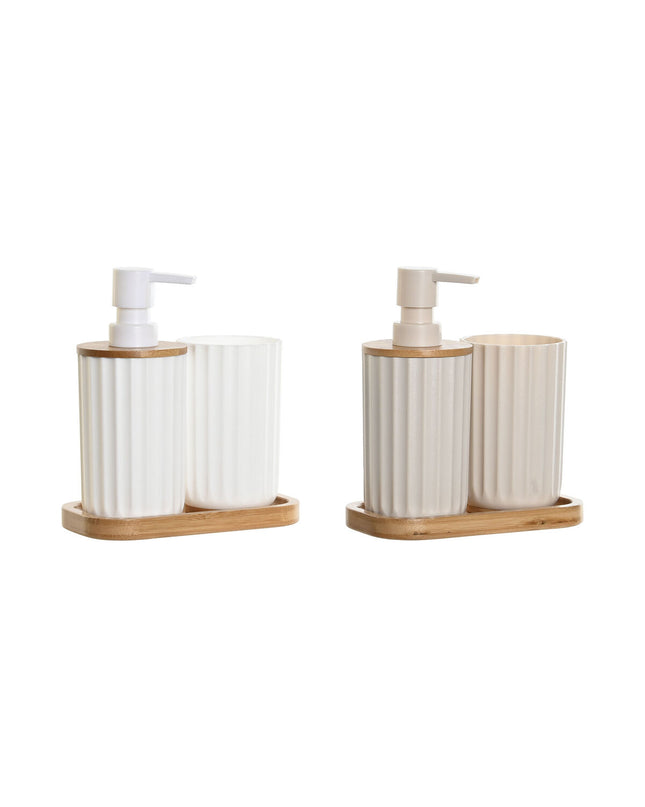 Set of two DKD Home Decor beige bamboo bathroom accessories in polyresin, 16x9x18 cm, includes three parts for home and kitchen.