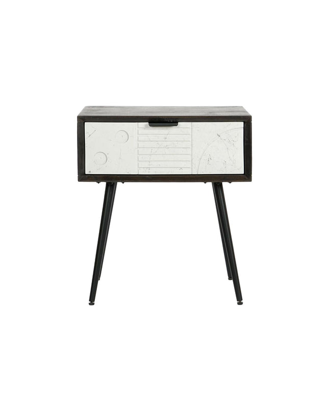 DKD Home Decor black metal nightstand with white mango wood top, measuring 45x38x50 cm, in a modern household setting.