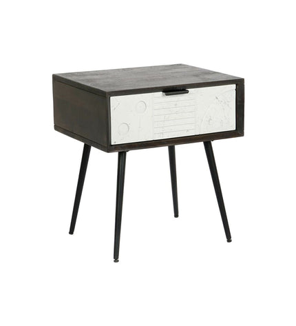 Black metal nightstand with white mango wood top, DKD Home Decor, measuring 45x38x50 cm, in a modern bedroom setting.