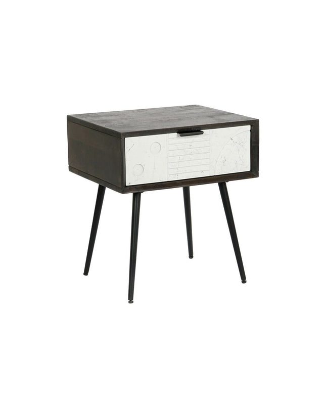Black metal nightstand with white mango wood top, DKD Home Decor, measuring 45x38x50 cm, in a modern bedroom setting.