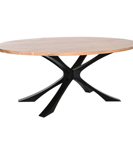 Rectangular DKD Home Decor dining table with metal legs and acacia wood top, measuring 200 x 110 x 76 cm.