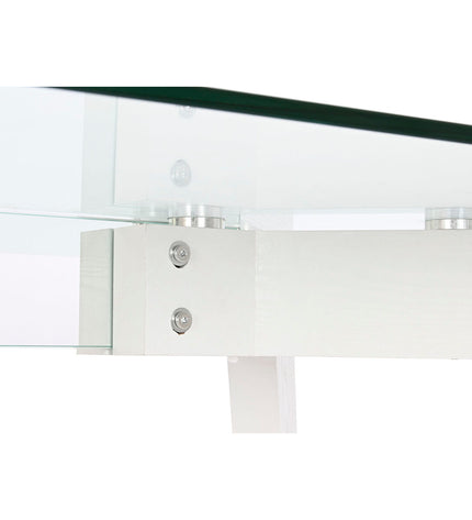 DKD Home Decor dining table with transparent glass top, wooden MDF legs, in white, measuring 160x90x75 cm, for home and kitchen use.