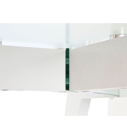 DKD Home Decor dining table with transparent glass top, wooden MDF legs, measuring 160x90x75 cm, in a modern kitchen setting