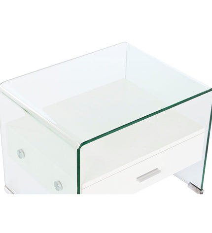DKD Home Decor nightstand with transparent crystal accents, white wood MDF, measuring 50x40x45.5 cm, in a modern bedroom setting.
