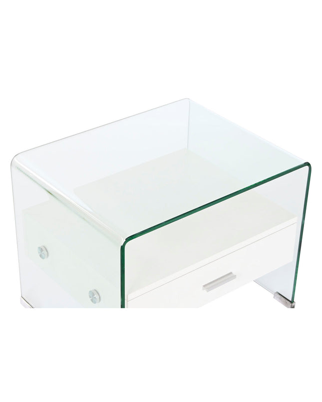DKD Home Decor nightstand with transparent crystal accents, white wood MDF, measuring 50x40x45.5 cm, in a modern bedroom setting.