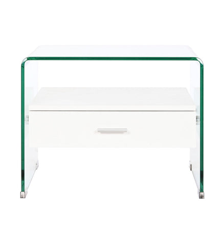 DKD Home Decor nightstand with transparent crystal and wood MDF, white finish, measuring 50x40x45.5 cm, modern bedside table.