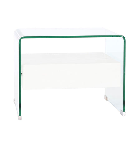 DKD Home Decor nightstand with transparent crystal accents, white MDF wood, measuring 50x40x45.5 cm, modern bedroom furniture.