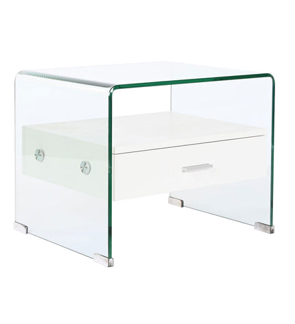 DKD Home Decor nightstand with transparent crystal and wood finish, MDF, measuring 50x40x45.5 cm, in a modern bedroom setting.