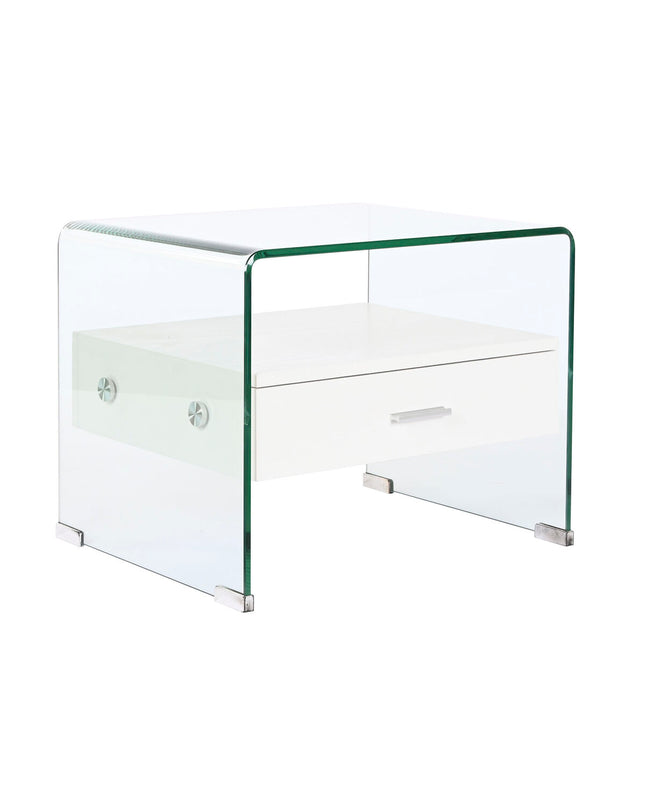 DKD Home Decor nightstand with transparent crystal and wood finish, MDF, measuring 50x40x45.5 cm, in a modern bedroom setting.