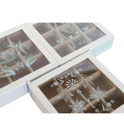 Set of three DKD Home Decor infusion boxes with blue, white, green, and lilac metal, crystal accents, and wooden MDF details.