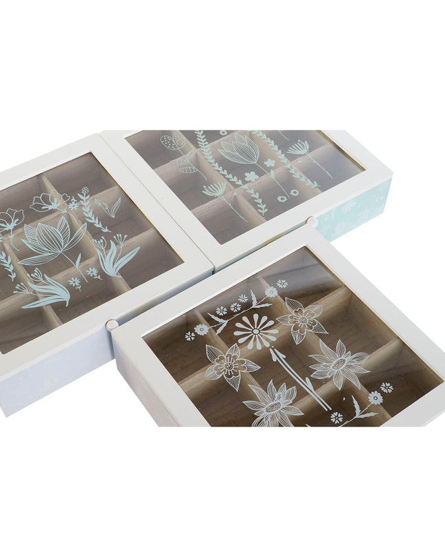 Set of three DKD Home Decor infusion boxes with blue, white, green, and lilac metal, crystal accents, and wooden MDF details.