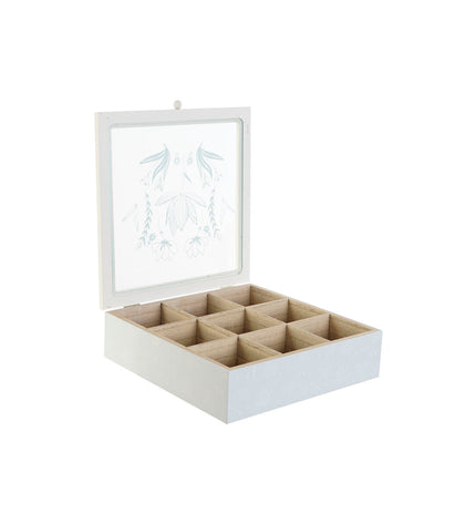 Set of three DKD Home Decor infusion boxes in blue, white, green, and lilac with metal, crystal, wood, and MDF details.
