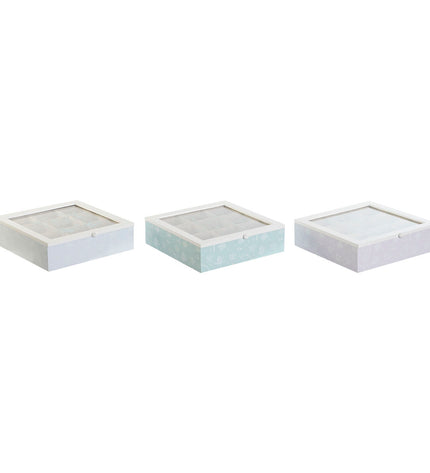 Set of three DKD Home Decor infusion boxes with blue, white, green, and purple metal, crystal, wood, and MDF materials.