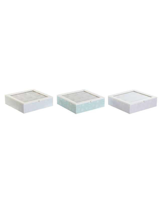 Set of three DKD Home Decor infusion boxes with blue, white, green, and purple metal, crystal, wood, and MDF materials.