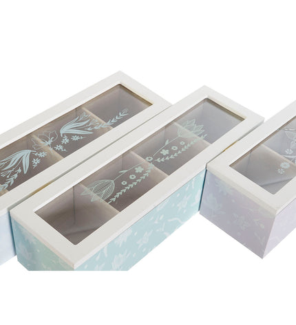 Set of three DKD Home Decor infusion boxes in blue, green, and lilac with crystal, wood, and MDF materials for kitchen and tea storage.