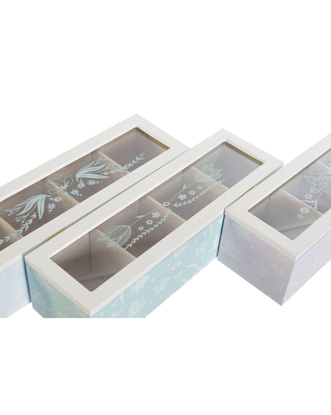 Set of three DKD Home Decor infusion boxes in blue, green, and lilac with crystal, wood, and MDF materials for kitchen and tea storage.
