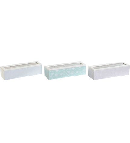 Set of three DKD Home Decor infusion boxes in blue, green, and lilac with crystal, wood, MDF finish for kitchen or tea storage.