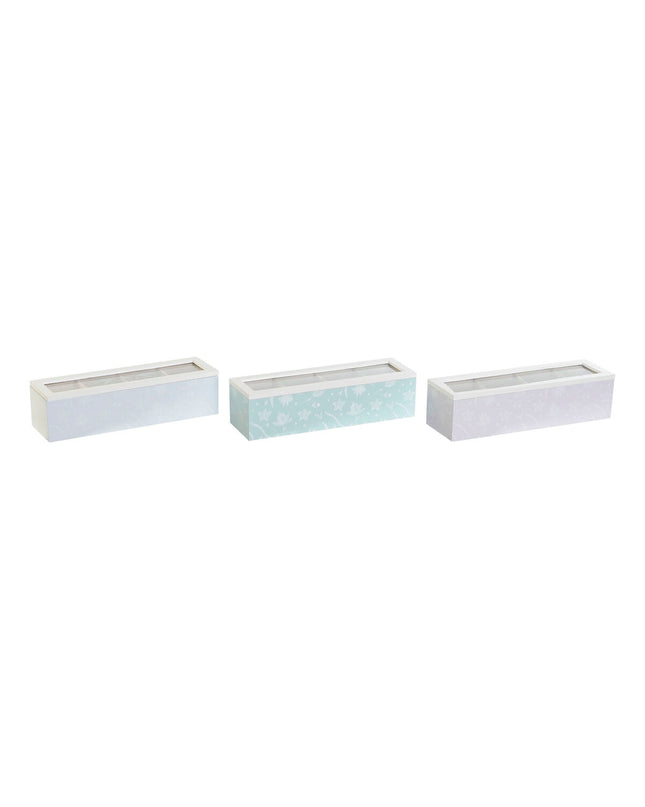 Set of three DKD Home Decor infusion boxes in blue, green, and lilac with crystal, wood, MDF finish for kitchen or tea storage.