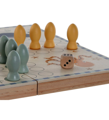 Home ESPRIT Parchis game set, colorful wooden board with game pieces and dice, for family fun and entertainment.