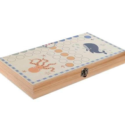Home ESPRIT Parchis game set, colorful wooden board with game pieces and dice for family fun, dimensions 26x13x3.3 cm.