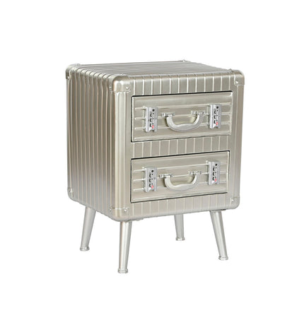 Home ESPRIT silver metal and MDF bedside table with wood accents, measuring 46x39x63 cm, featuring a modern design.