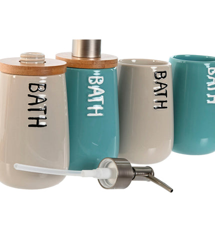 Home ESPRIT beige and turquoise bamboo and ABS bathroom accessories set with dolomite details, includes two soap dishes, 9x8.5x19 cm