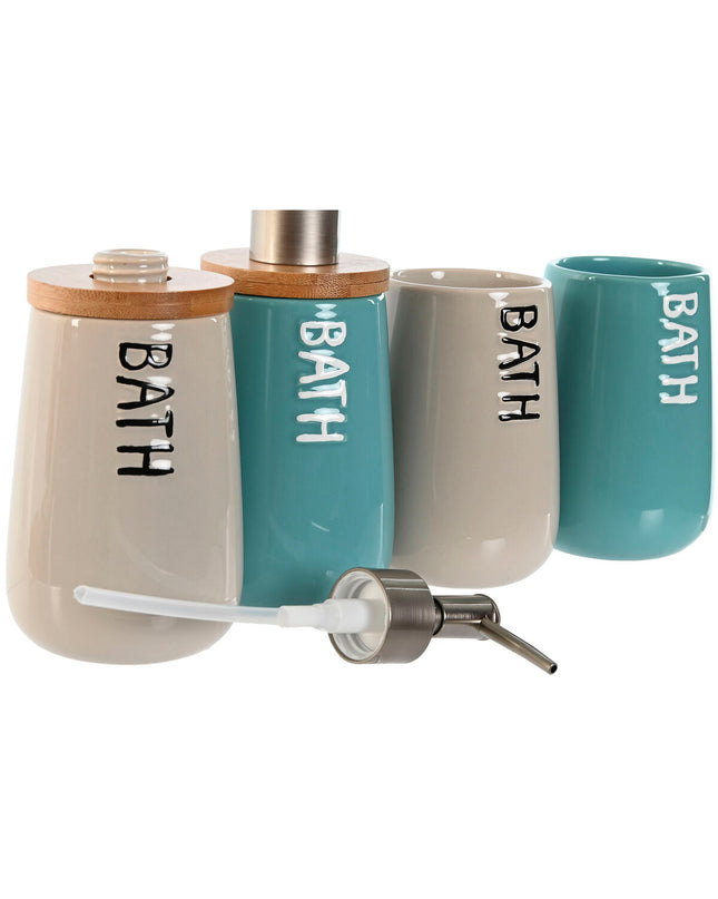 Home ESPRIT beige and turquoise bamboo and ABS bathroom accessories set with dolomite details, includes two soap dishes, 9x8.5x19 cm