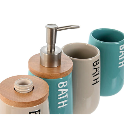 Home ESPRIT beige and turquoise bamboo and dolomite bathroom sets, 9x8.5x19 cm, includes 2 pieces, for house and cooking use.