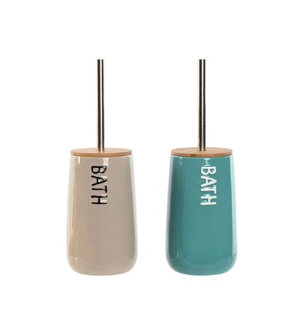 Home ESPRIT beige turquoise bamboo toilet brush set with stainless steel holder, 12.2x12.2x35.2 cm, two pieces for bathroom.