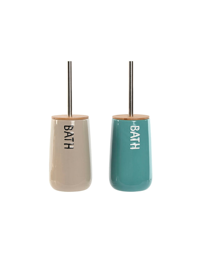 Home ESPRIT beige turquoise bamboo toilet brush set with stainless steel holder, 12.2x12.2x35.2 cm, two pieces for bathroom.