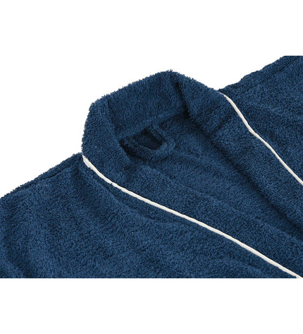 Home ESPRIT blue cotton men's bathrobe, cozy house and kitchen wear, front view with belt and pockets.