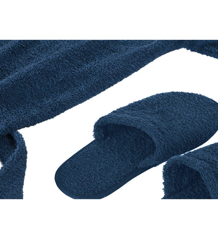 Home ESPRIT men's blue cotton bathrobe, cozy house and kitchen wear, displayed on model in a bathroom setting.