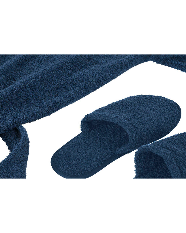 Home ESPRIT men's blue cotton bathrobe, cozy house and kitchen wear, displayed on model in a bathroom setting.