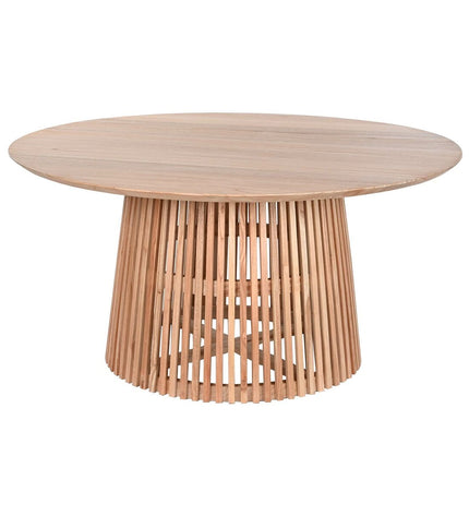 Home ESPRIT eettafel in naturel Mindi hout, 150x150x75 cm, showing the round wooden dining table with smooth finish.