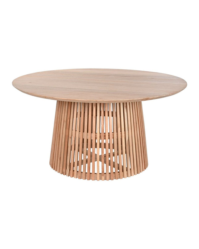Home ESPRIT eettafel in naturel Mindi hout, 150x150x75 cm, showing the round wooden dining table with smooth finish.