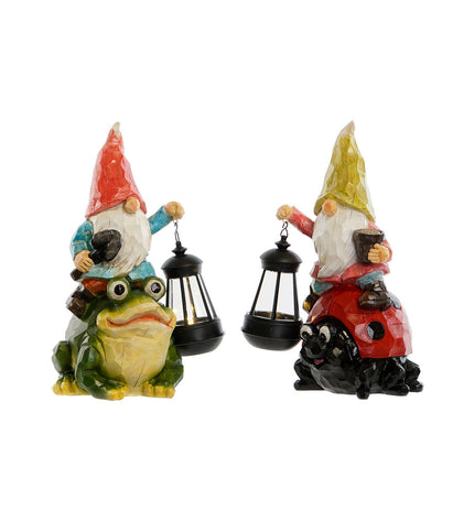 Two multicolored outdoor garden gnomes by Home ESPRIT in red and green, measuring 20 x 17.8 x 32 cm, for outdoor decoration.