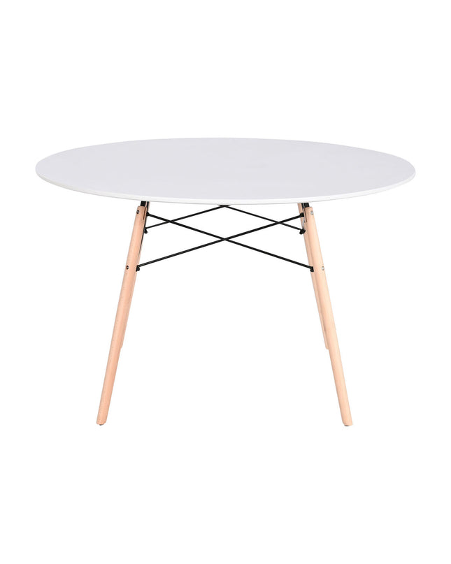 Home ESPRIT eettafel with white and black finish, natural birch wood accents, measuring 120x120x74 cm, in a modern dining setting.