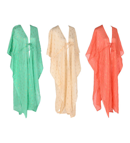 Home ESPRIT groen, beige, and koraal sarongs for watersport and outdoor activities, displayed in a set of three.