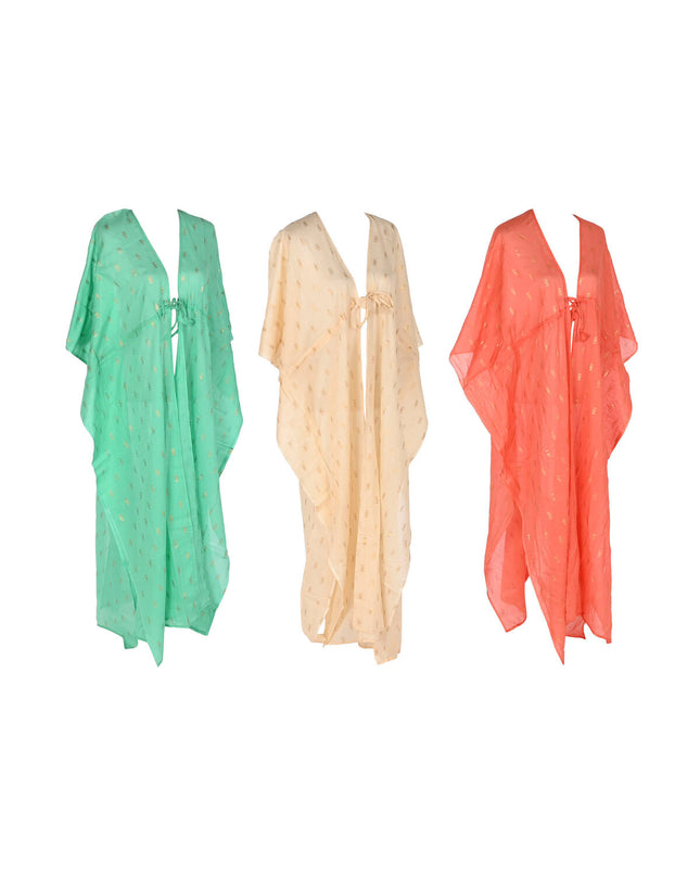 Home ESPRIT groen, beige, and koraal sarongs for watersport and outdoor activities, displayed in a set of three.