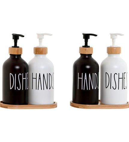 Home ESPRIT soap dispenser set with white and black bamboo design, 350 ml capacity, for home and bathroom use.