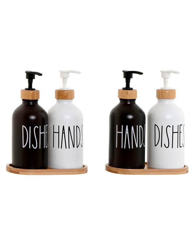 Home ESPRIT soap dispenser set with white and black bamboo design, 350 ml capacity, for home and bathroom use.
