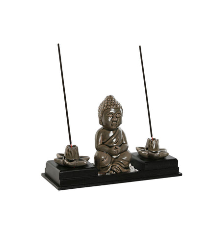 Home ESPRIT ceramic wood Buddha essential oil burner set, 24x8x14 cm, ideal for home decor and aromatherapy.