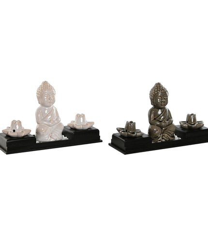 Two Home ESPRIT ceramic and wood Buddha essential oil burners, 24x8x14 cm, decorative for home and kitchen use.