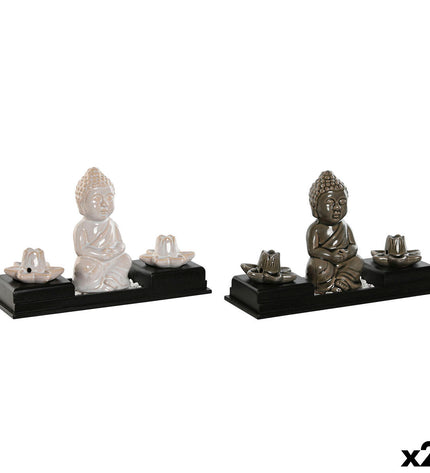 Home ESPRIT ceramic essential oil burner with Buddha design, wood and MDF, 24x8x14 cm, set of two for home decor and aromatherapy.