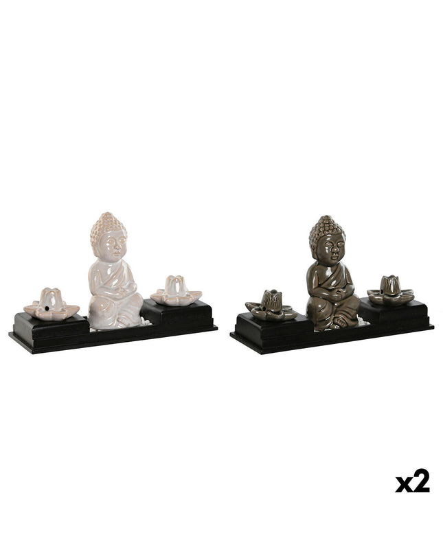 Home ESPRIT ceramic essential oil burner with Buddha design, wood and MDF, 24x8x14 cm, set of two for home decor and aromatherapy.