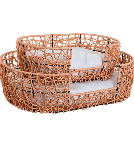 Home ESPRIT dog bed in light brown synthetic rattan with metal frame, measuring 50x35x14 cm, designed for small pets.