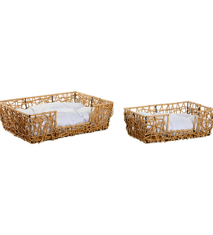 Home ESPRIT hondenbed in lichtbruin met metalen frame en synthetisch rotan, 50x35x14 cm, geschikt voor kleine huisdieren.